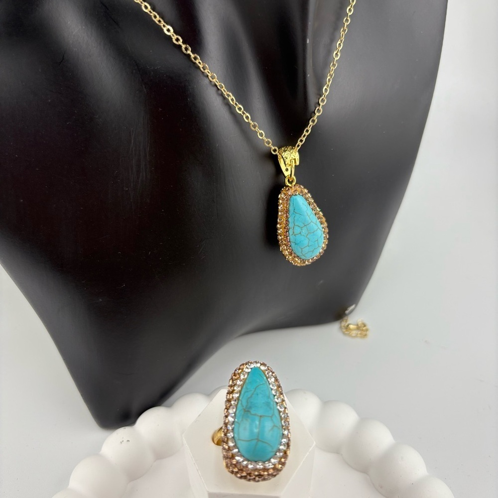 Turquoise Teardrop Jewelry Set โ Necklace, Earrings & Ring - Picture 7 of 15